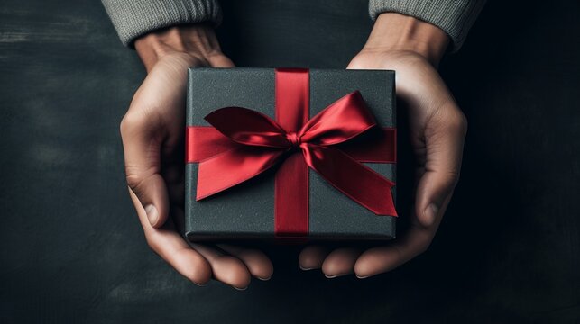 Hands Holding A Gift Box. A Box Wrapped In Black Paper And Tied With A Red Ribbon