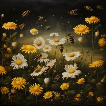 A swarm of ten bees in a garden with flowers. Generative AI.