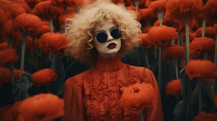 Beauty blond woman with shot hair in orange dress amidst a field of orange flowers, Beauty portrait isolated, Fashion photo shoot