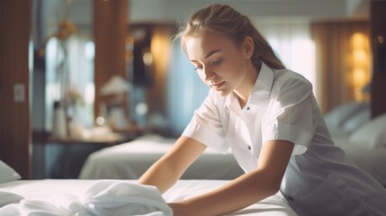 Hotel staff women making bed in hotel room, Hotel room service - obrazy, fototapety, plakaty