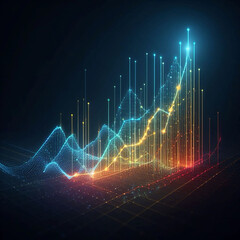 Growth hologram, digital growth from particles, blue yellow and red colors, graph up, business image. Generative AI.
