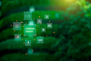  Carbon credit market concept. carbon credit icon on Green building covered with trees. Net zero in...