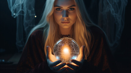 Naklejka premium Enchanted Visions: Fortune Teller and the Radiant Orb, Generative AI