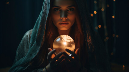 Ethereal Insights: Fortune Teller and the Glowing Glass Sphere, Generative AI