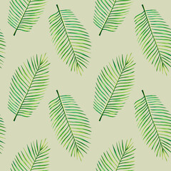 Watercolor seamless pattern with realistic tropical illustration of palm leafs isolated on white background. Beautiful botanical hand painted floral elements. For designers, spa decoration, postcards