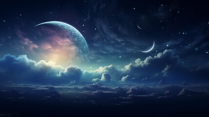 Crescent moon sky galaxy angel beautiful painting wallpaper image Ai generated art - obrazy, fototapety, plakaty