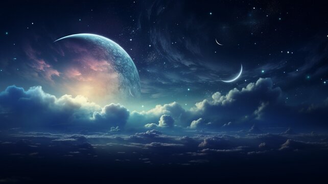 Crescent moon sky galaxy angel beautiful painting wallpaper image Ai generated art