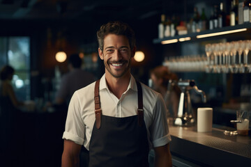 Handsome bartender standing in front of his counter in a pub.