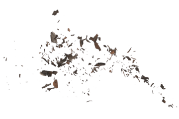 Ash with burned, paper scraps scattered, pieces explosion effect isolated on white background, texture, top view, clipping

