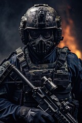A special forces operator in full combat gear. Dynamic action poster. 