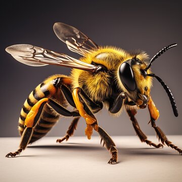 A very realistic photo of a bee with full descript. Generative AI.