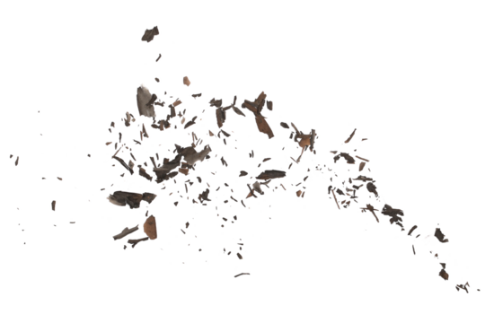 Ash with burned, paper scraps scattered, pieces explosion effect isolated on white background, texture, top view, clipping
