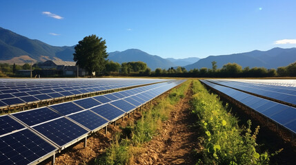 Solar Panels: Rows of glistening solar panels under a clear blue sky, converting sunlight into energy.