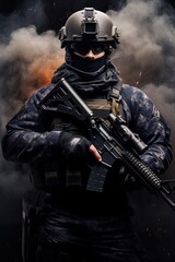 A special forces operator in full combat gear. Dynamic action poster. 