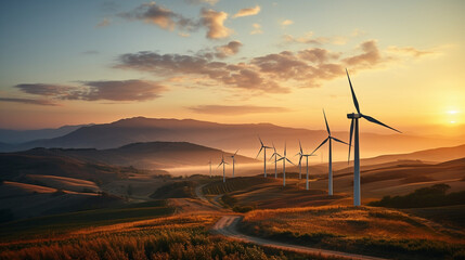 Wind Turbines: A wind farm with massive wind turbines, their blades turning in the breeze.