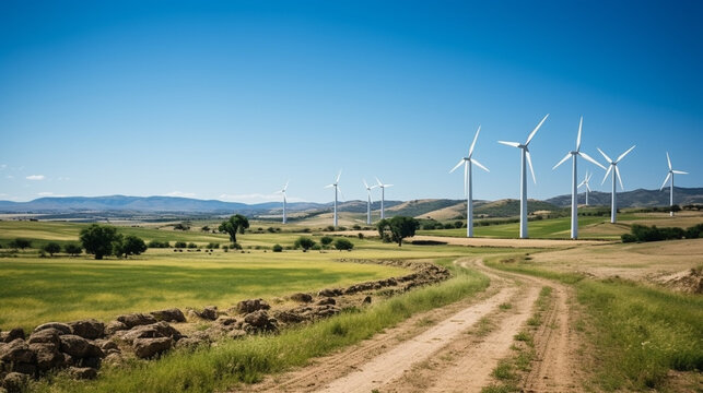 Wind Turbines: A wind farm with massive wind turbines, their blades turning in the breeze.