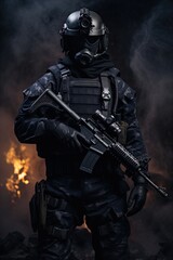 Fototapeta premium A special forces operator in full combat gear. Dynamic action poster. 