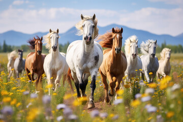 Horses run gallop in flower meadow - obrazy, fototapety, plakaty