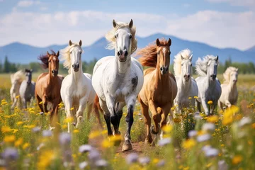 Fotobehang Horses run gallop in flower meadow © Kien