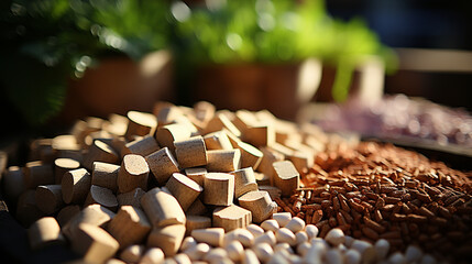 Biomass Feedstock: A close-up of various biomass sources like wood pellets and agricultural waste.