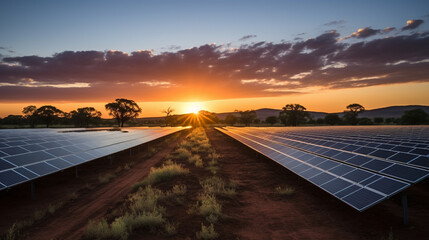 Solar Farm at Dusk: A solar farm's solar panels glowing in the warm light of the setting sun.