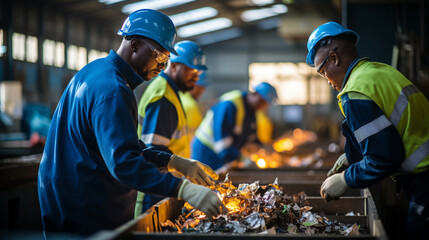 Recycling Plant: Workers in a recycling plant sorting and processing materials for renewable use. - obrazy, fototapety, plakaty