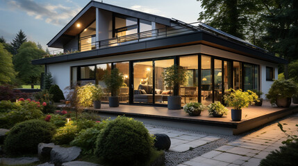 Energy-Efficient Home: A modern eco-friendly house with rooftop solar panels and smart energy systems.