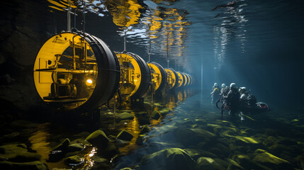 Tidal Energy: Tidal turbines positioned underwater to capture the energy of ocean tides. - obrazy, fototapety, plakaty