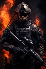 A special forces operator in full combat gear. Dynamic action poster. 