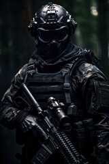 Fototapeta na wymiar A special forces operator in full combat gear. Dynamic action poster. 