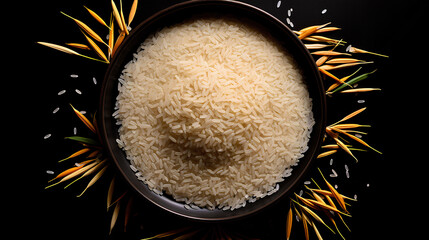 Top view of rice in the bowl on black background