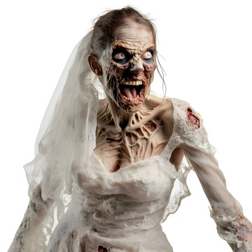 Scary zombie bride isolated on transparent background