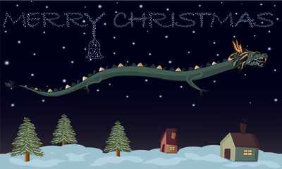 dragon in the sky, merry christmas, stars in the sky, chtistmas tree lights, cones on the tree, bell from the stars, snow winter