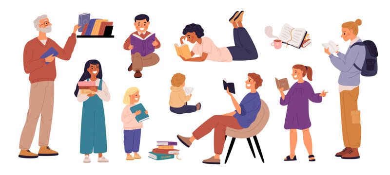 Cartoon readers. Happy people read books. Cute literature lovers. Textbook learning. Education process. Children getting new knowledge. Men and women enjoy of novel. Garish vector set