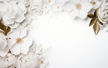 Flowers composition. Frame made of white flowers on white background. Flat lay, top view, copy space