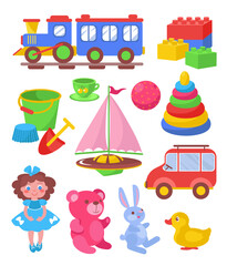 Cartoon toys. Cute kids objects for playing. Funny dolls. Colorful pyramid blocks. Plush animals. Toddler activity elements. Childish transport. Bucket with shovel. Splendid vector set