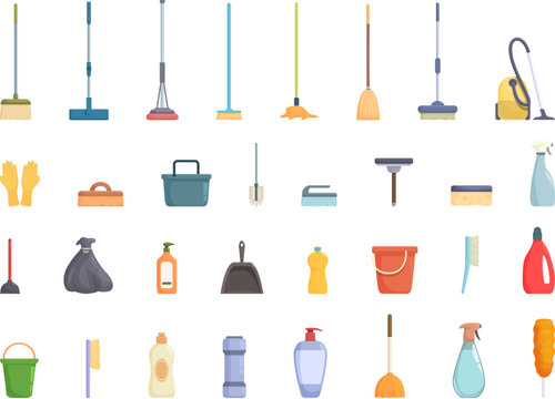 Home cleaning service icons set cartoon vector. House work. Domestic furniture