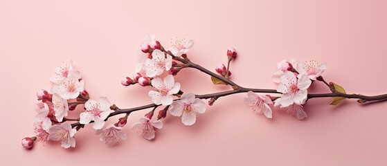 Elegant cherry blossom twig diagonally positioned on pink background. Minimalist floral design card with copy space for text or branding. 