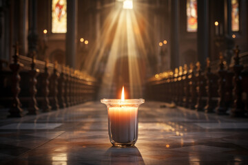 Within the empty church, Jesus lights a candle, its flame symbolizing the illumination of faith and hope within the tranquil sanctuary. 