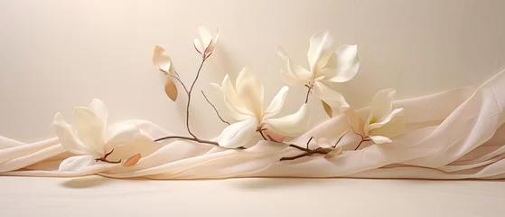 Gordijnen Minimalist wedding arrangement of magnolia petals. Jewellery, glamorous fashion event card, bridal invitation.  © Dannchez
