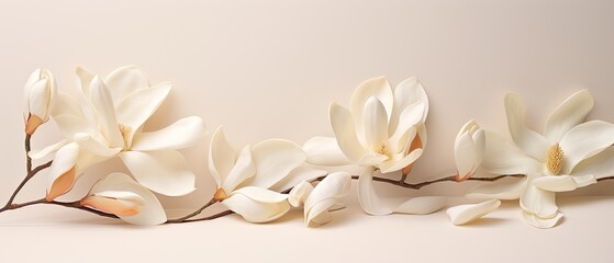Fototapeta na wymiar Minimalist wedding arrangement of magnolia petals. Jewellery, glamorous fashion event card, bridal invitation. 