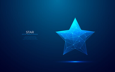 Digital star shape on technology blue background. Abstract light award tech symbol in a futuristic low poly wireframe style with a hologram blue effect. Polygonal top rank concept.  - obrazy, fototapety, plakaty