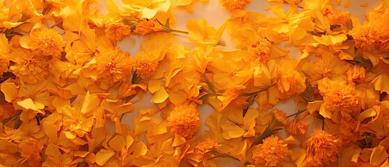 Scattered marigold petals on a sunset colored background. Sense of autumn colors.  - obrazy, fototapety, plakaty