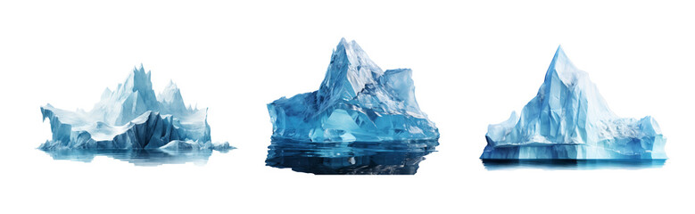 Set de glaciares en fondo transparente para crear o completar una escena de las zonas más frías del planeta. Glaciar. - obrazy, fototapety, plakaty