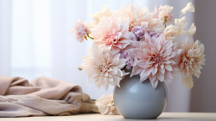 Beautiful dahlia or chrysanthemum flowers in a simple ceramic vase against the backdrop of a light simple interior - obrazy, fototapety, plakaty