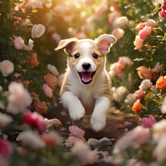 Puppy Among the Roses of Playfulness in a Vibrant Garden.