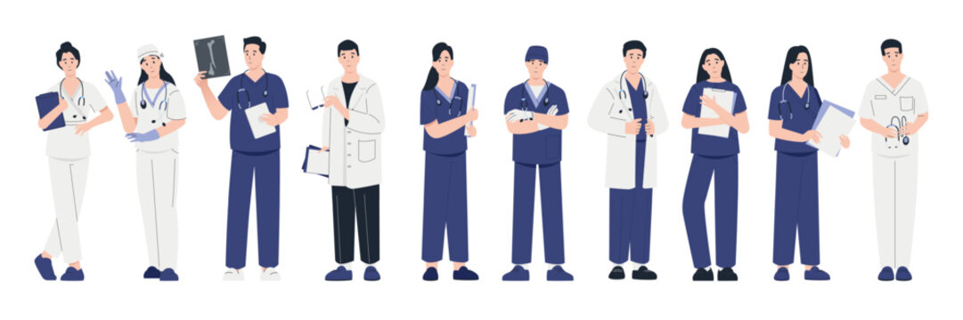 Doctors and medics. Cartoon medical workers in uniform giving treatment and care, medical clinic stuff with doctors and nurses in white coats. Vector set