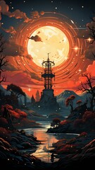 post apocalyptic hills with red sun illustration image Ai generated art