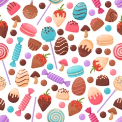 Fototapeten Cute candies seamless pattern. Tasty sweets. Repeated sugar products. Fruit caramel. Assorted confectionery. Strawberry with chocolate glaze. Toffee or macaroon. Recent vector background © VectorBum