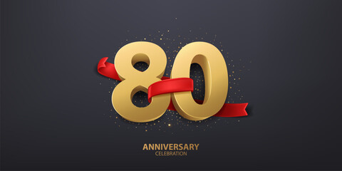 80th Year anniversary celebration background. 3D Golden number wrapped with red ribbon and confetti, isolated on dark background.
